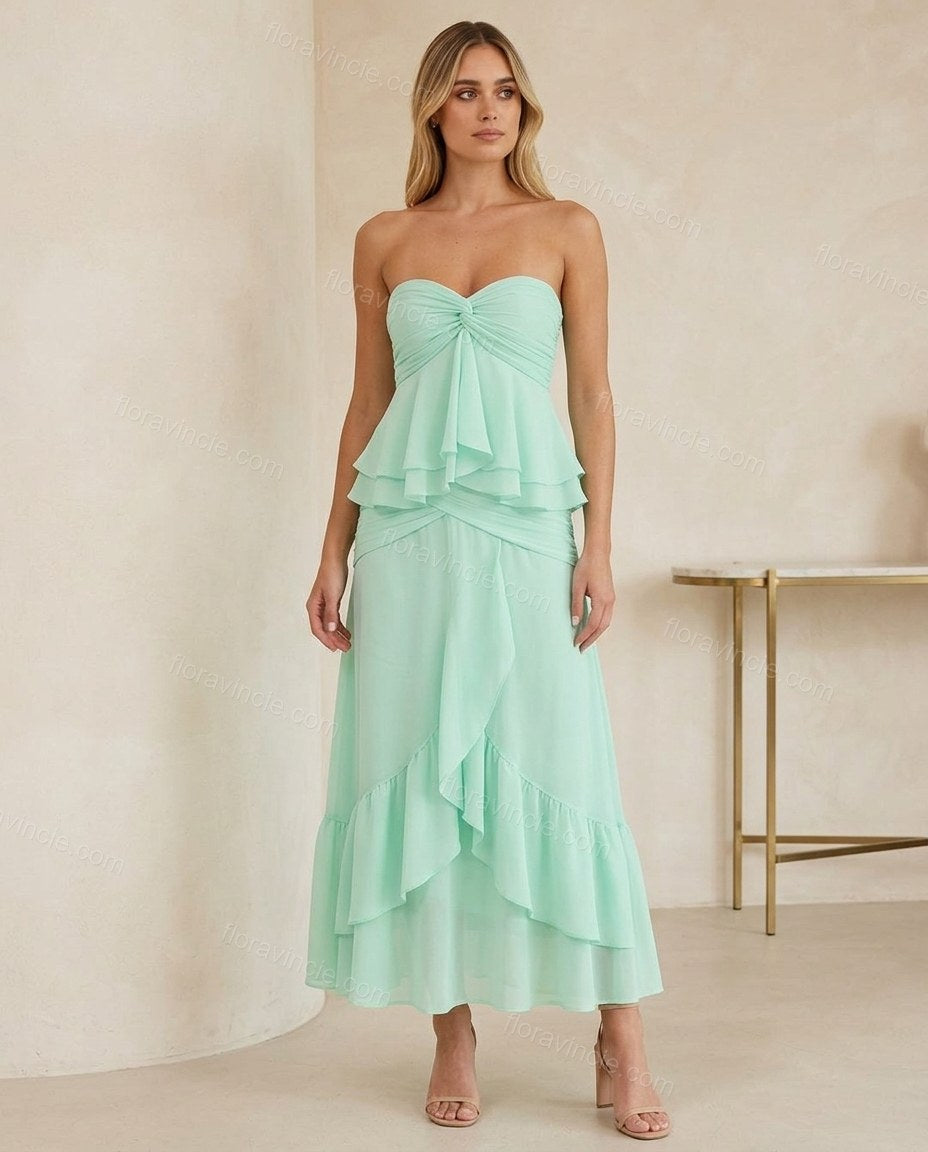 Mint Green Strapless Ruffled Peplum Dress, full-length hero view, by Floravincie