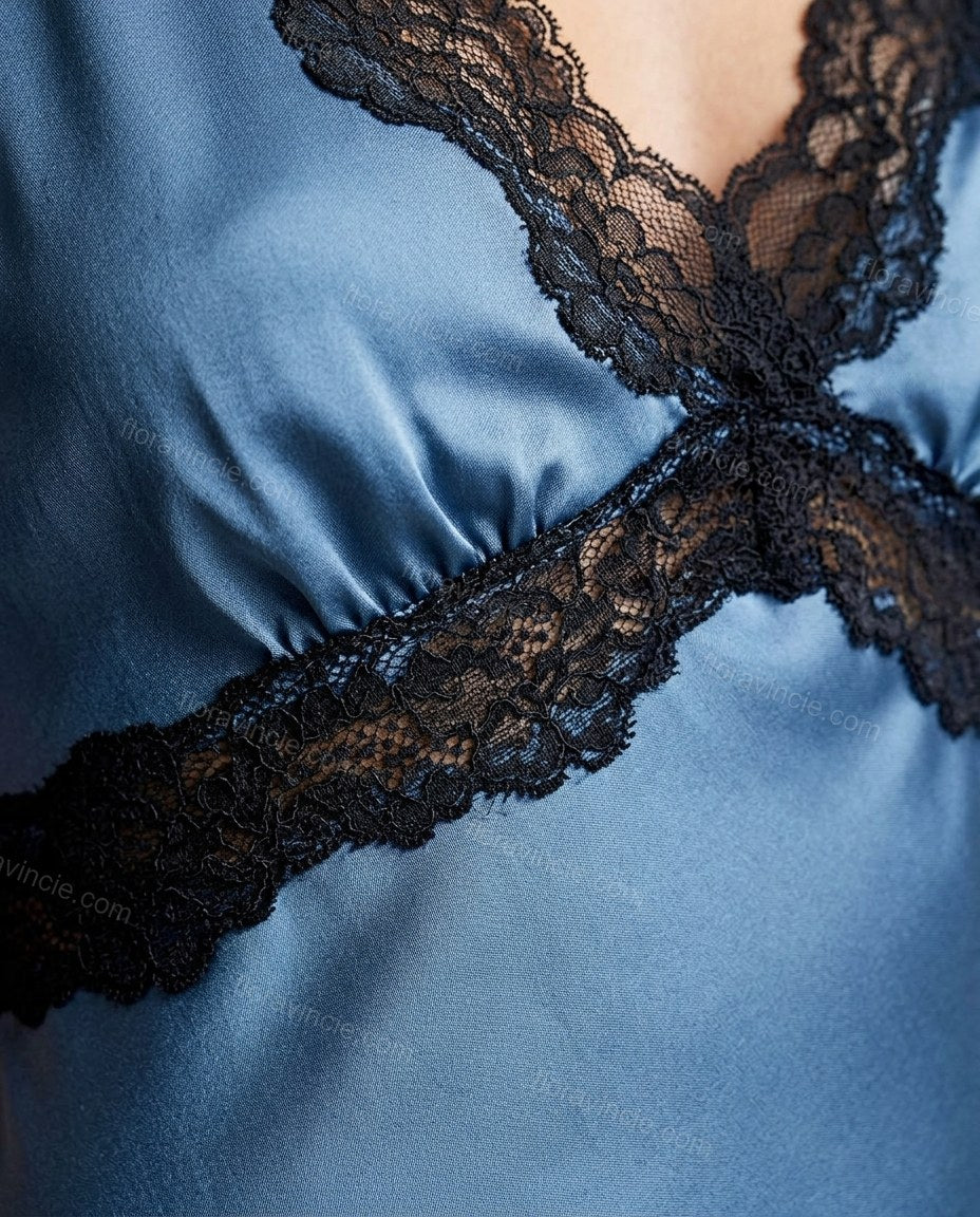Blue Mini Satin Lace Dress, close-up of black accents, lace trim and empire waist, by Floravincie