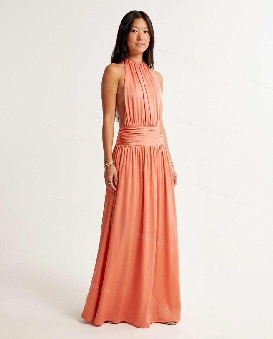 Coral Maxi Open-Back Halter Dress, front studio view, by Floravincie