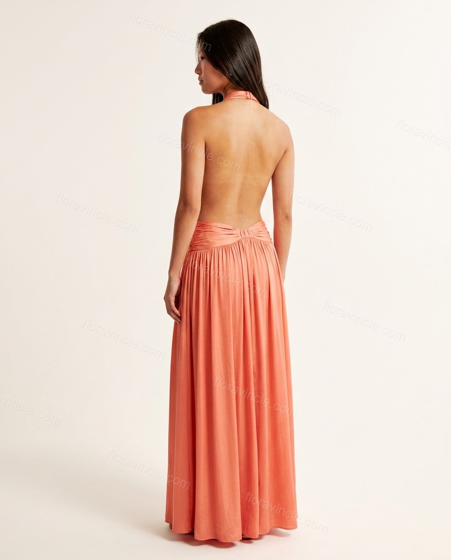Coral Maxi Open-Back Halter Dress, back studio view showing open back design with a gathered ruched waistband, by Floravincie