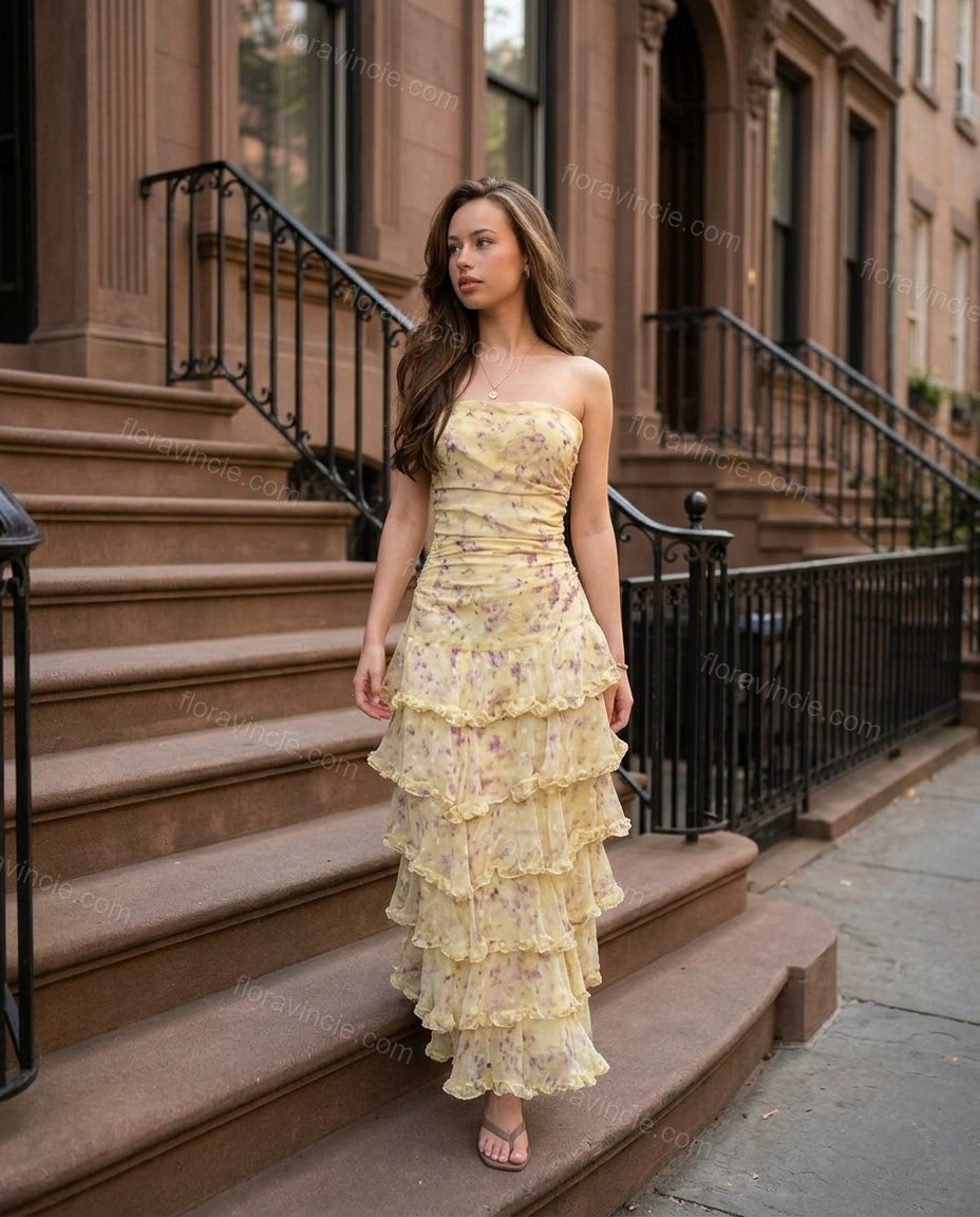 Yellow Floral Maxi Strapless Dress, alternate use-case lifestyle view, by Floravincie