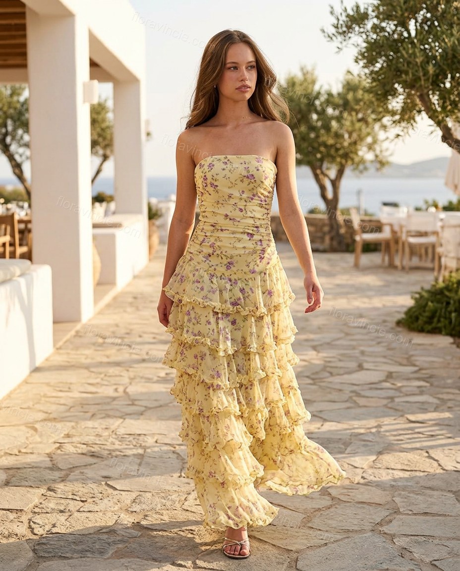 Yellow Floral Maxi Strapless Dress, movement and fit lifestyle view, by Floravincie