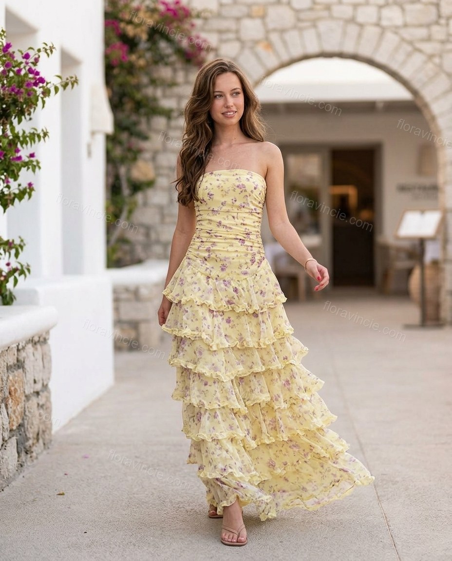 Yellow Floral Maxi Strapless Dress, walking lifestyle view, by Floravincie
