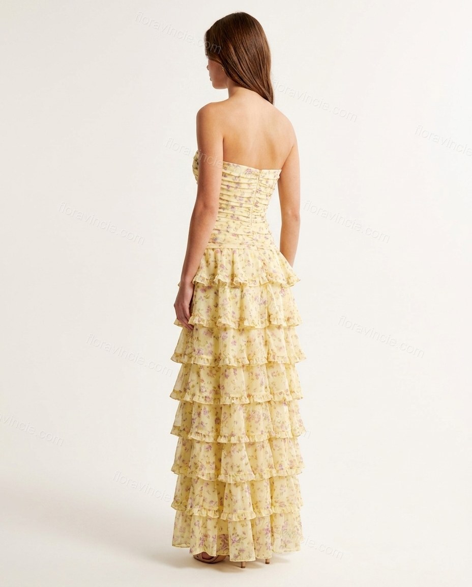 Yellow Floral Maxi Strapless Dress, back studio view, by Floravincie