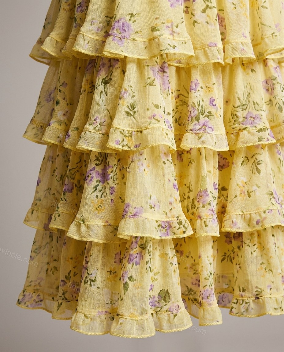 Yellow Floral Maxi Strapless Dress, close-up of floral, by Floravincie