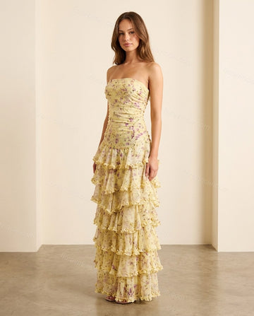 Yellow Floral Maxi Strapless Dress, full-length hero view, by Floravincie
