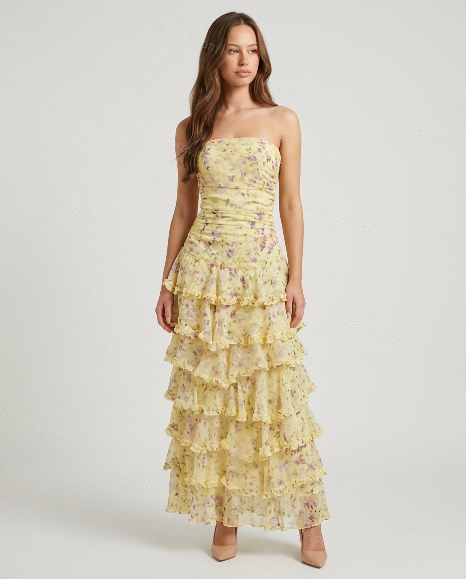 Yellow Floral Maxi Strapless Dress, front studio view, by Floravincie