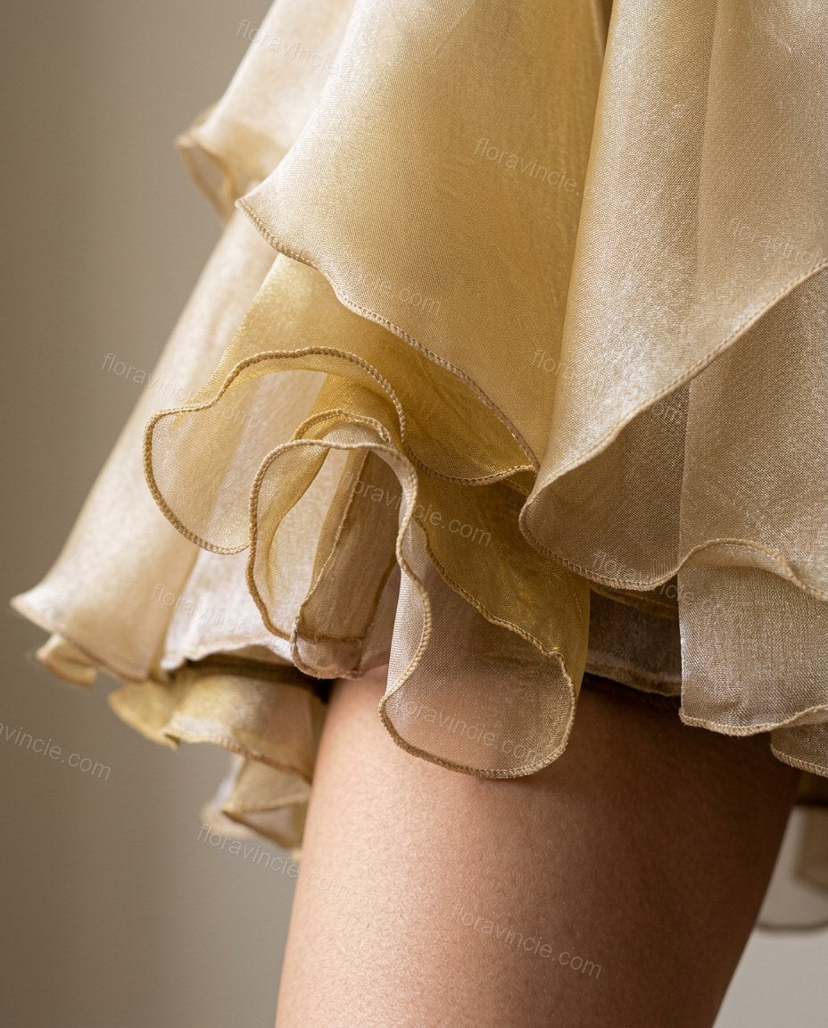 Yellow Mini Ruffled Tiered Dress, close-up of gold accents, ruffles and spaghetti straps, by Floravincie