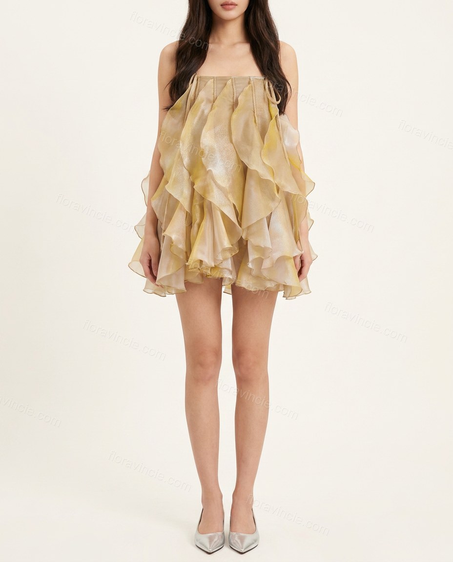 Yellow Mini Ruffled Tiered Dress, front studio view, by Floravincie