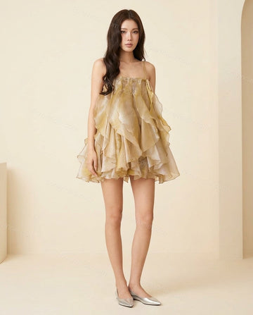 Yellow Mini Ruffled Tiered Dress, full-length hero view, by Floravincie