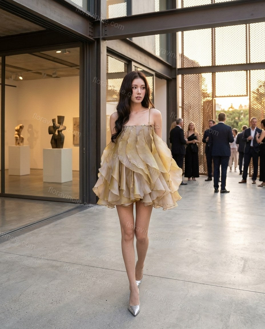 Yellow Mini Ruffled Tiered Dress, alternate use-case lifestyle view, by Floravincie