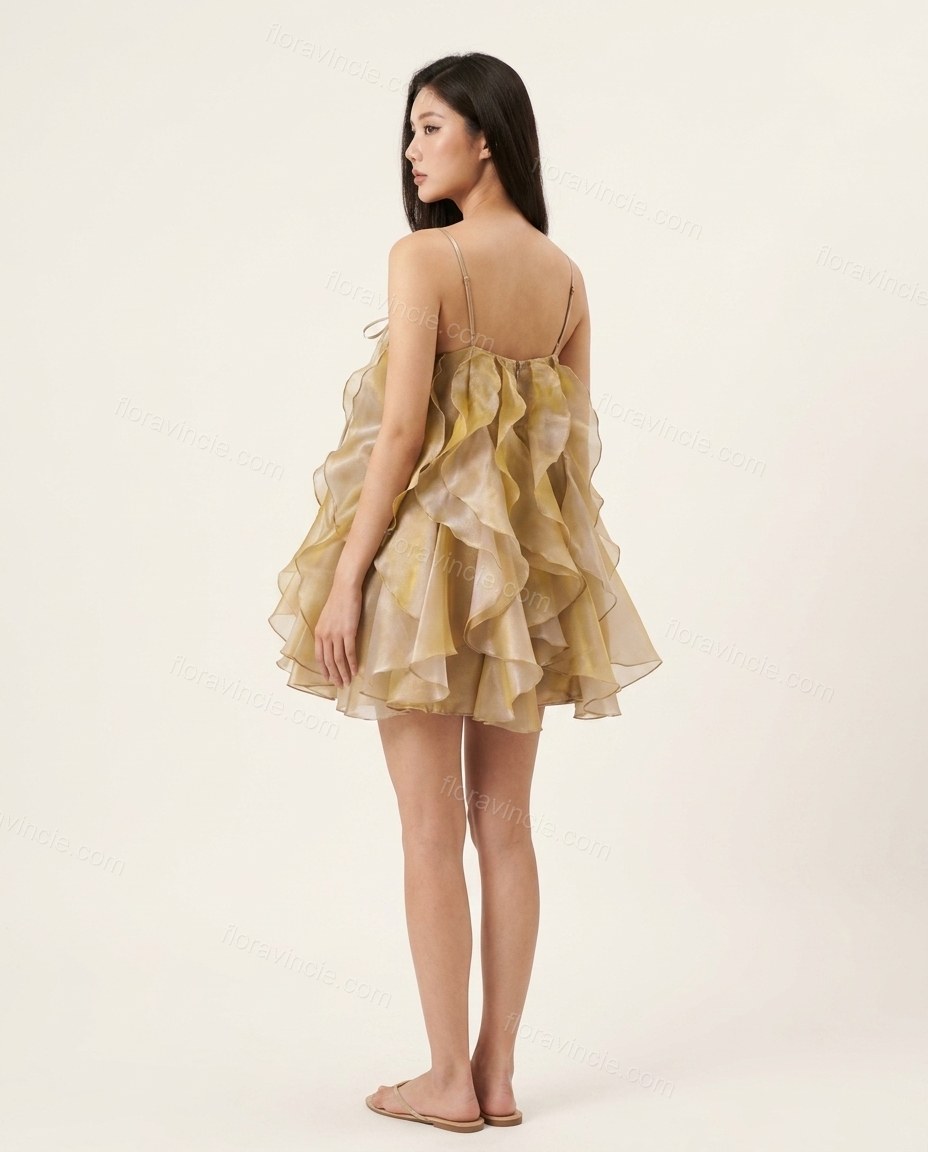 Yellow Mini Ruffled Tiered Dress, back studio view showing consistent tiered ruffled construction across the back, by Floravincie