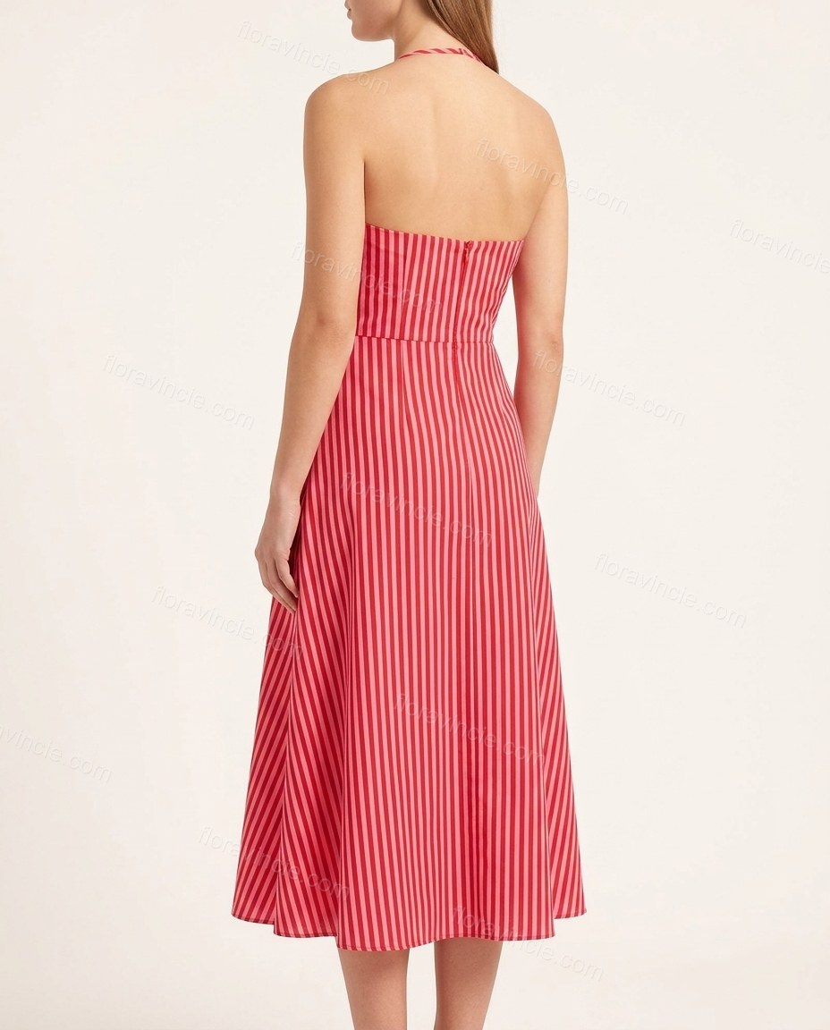 Red Striped Midi Halter Dress, back studio view showing straight back with clean finish and zipper closure, by Floravincie