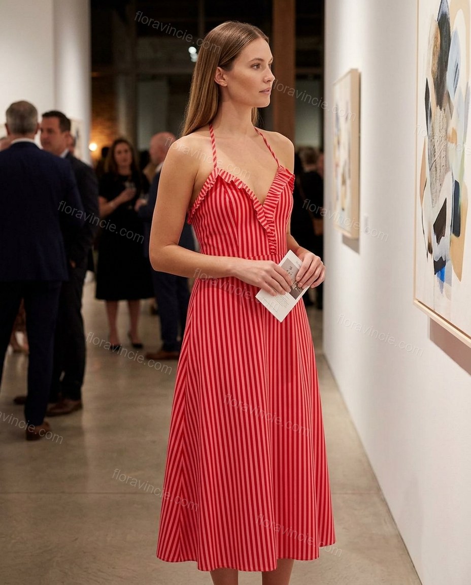 Red Striped Midi Halter Dress, alternate use-case lifestyle view, by Floravincie