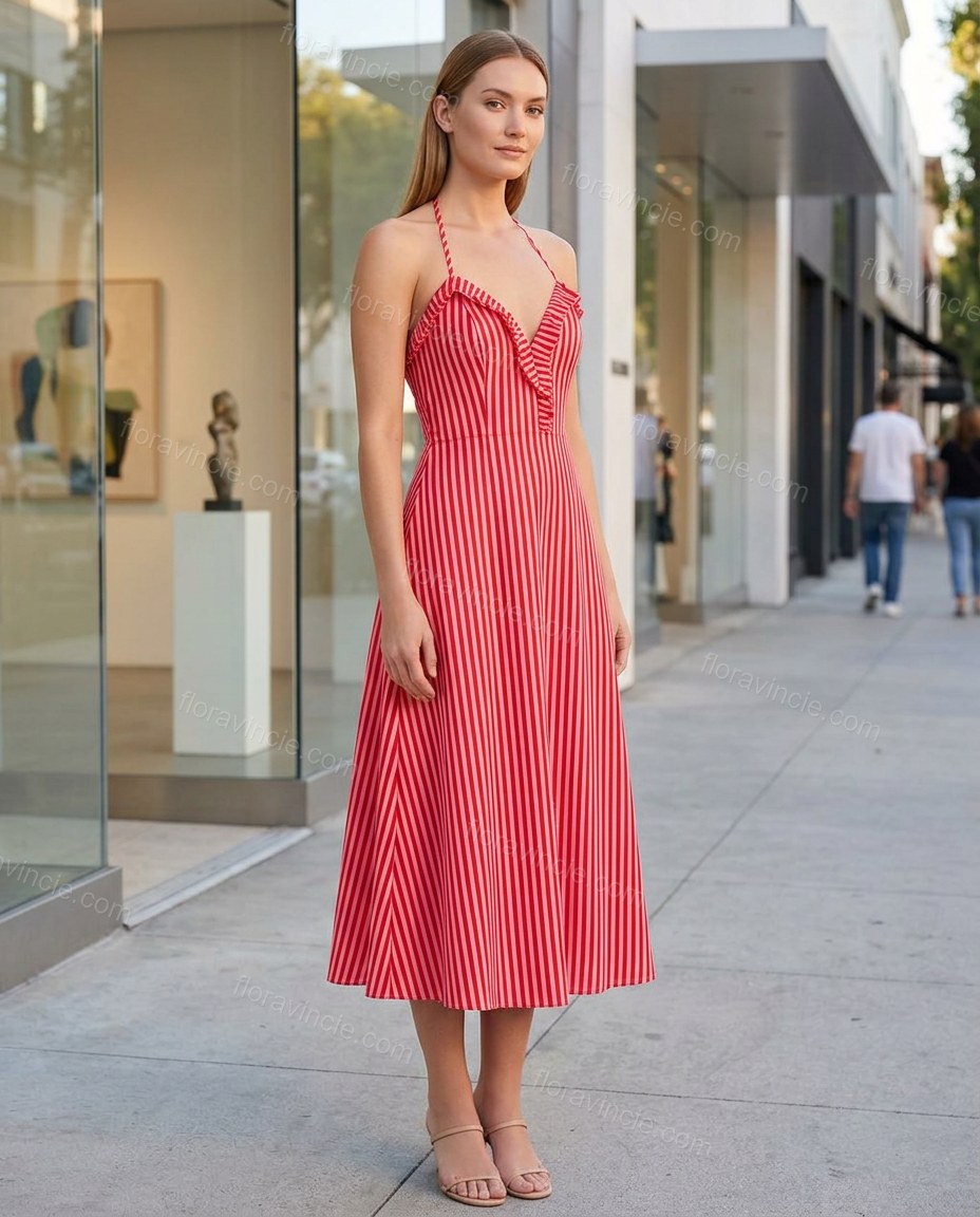 Red Striped Midi Halter Dress, three-quarter brand lifestyle view, by Floravincie