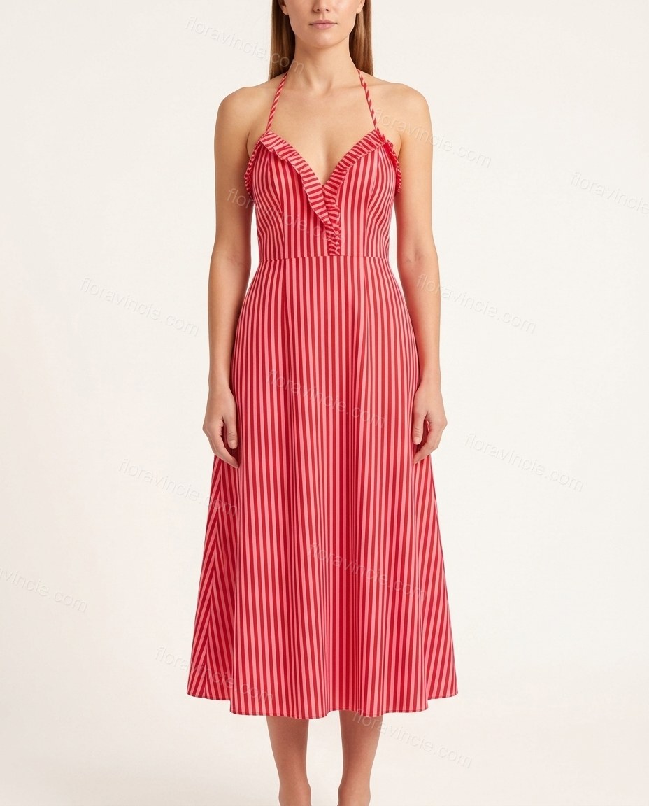 Red Striped Midi Halter Dress, front studio view, by Floravincie