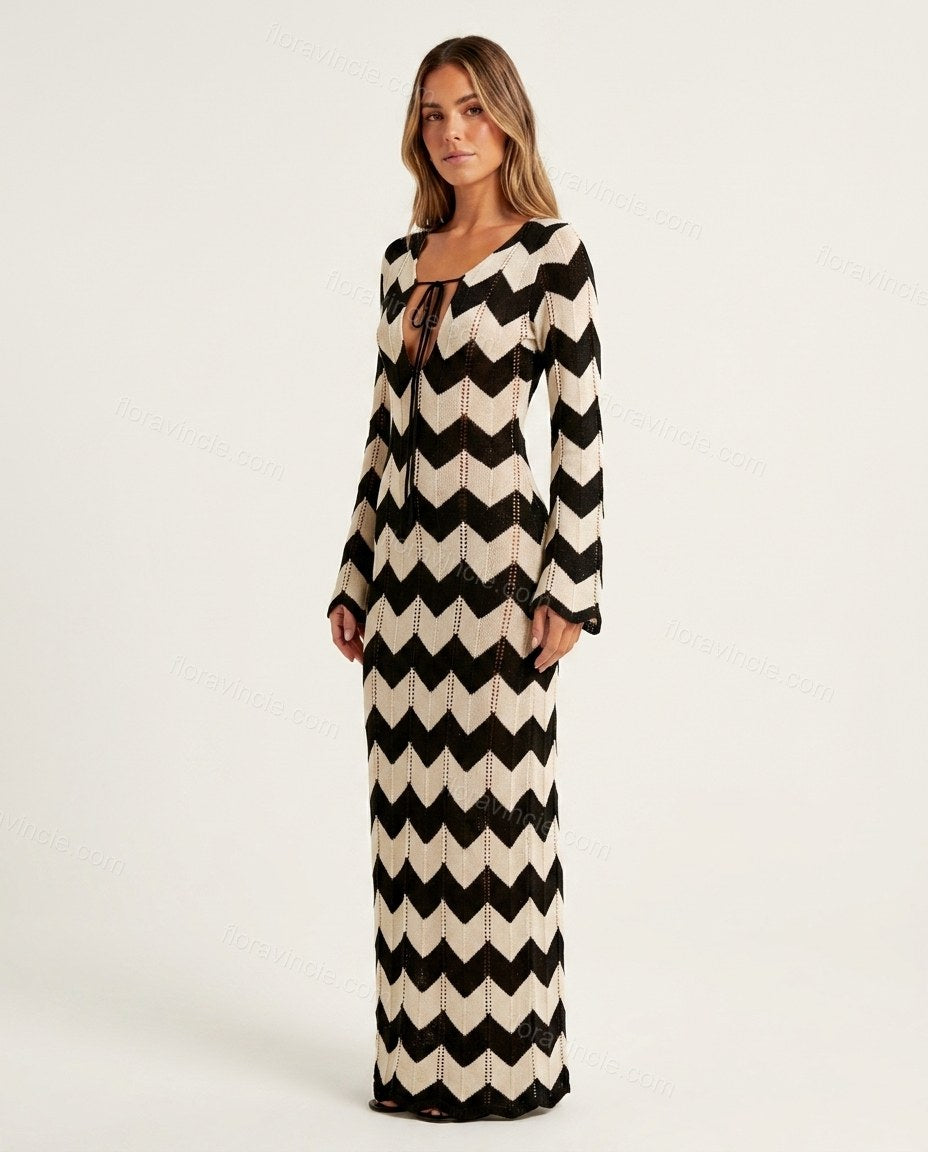 Black Chevron Maxi Knit Dress, front studio view, by Floravincie