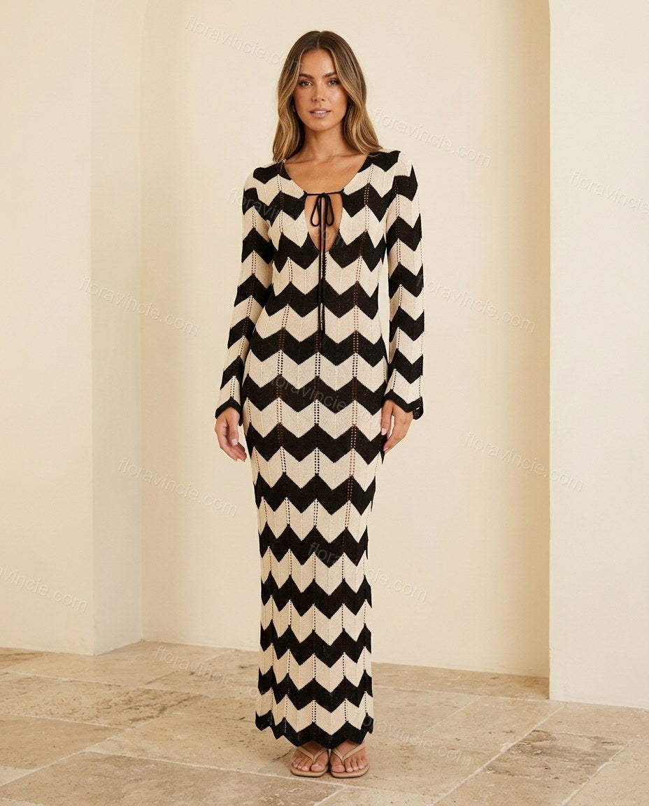 Black Chevron Maxi Knit Dress, full-length hero view, by Floravincie