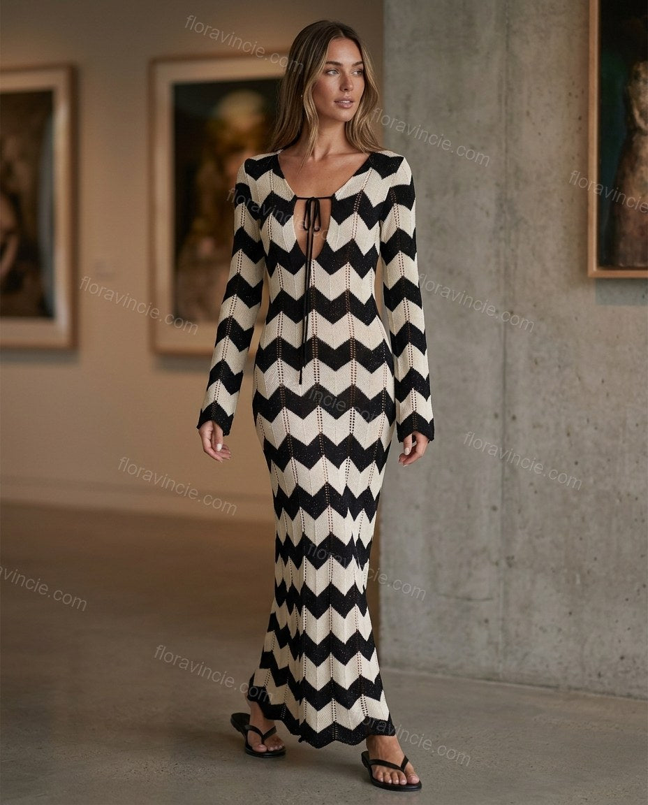 Black Chevron Maxi Knit Dress, walking lifestyle view, by Floravincie