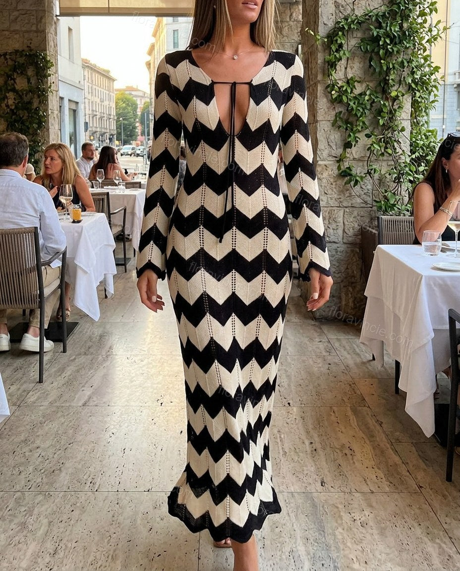 Black Chevron Maxi Knit Dress, movement and fit lifestyle view, by Floravincie