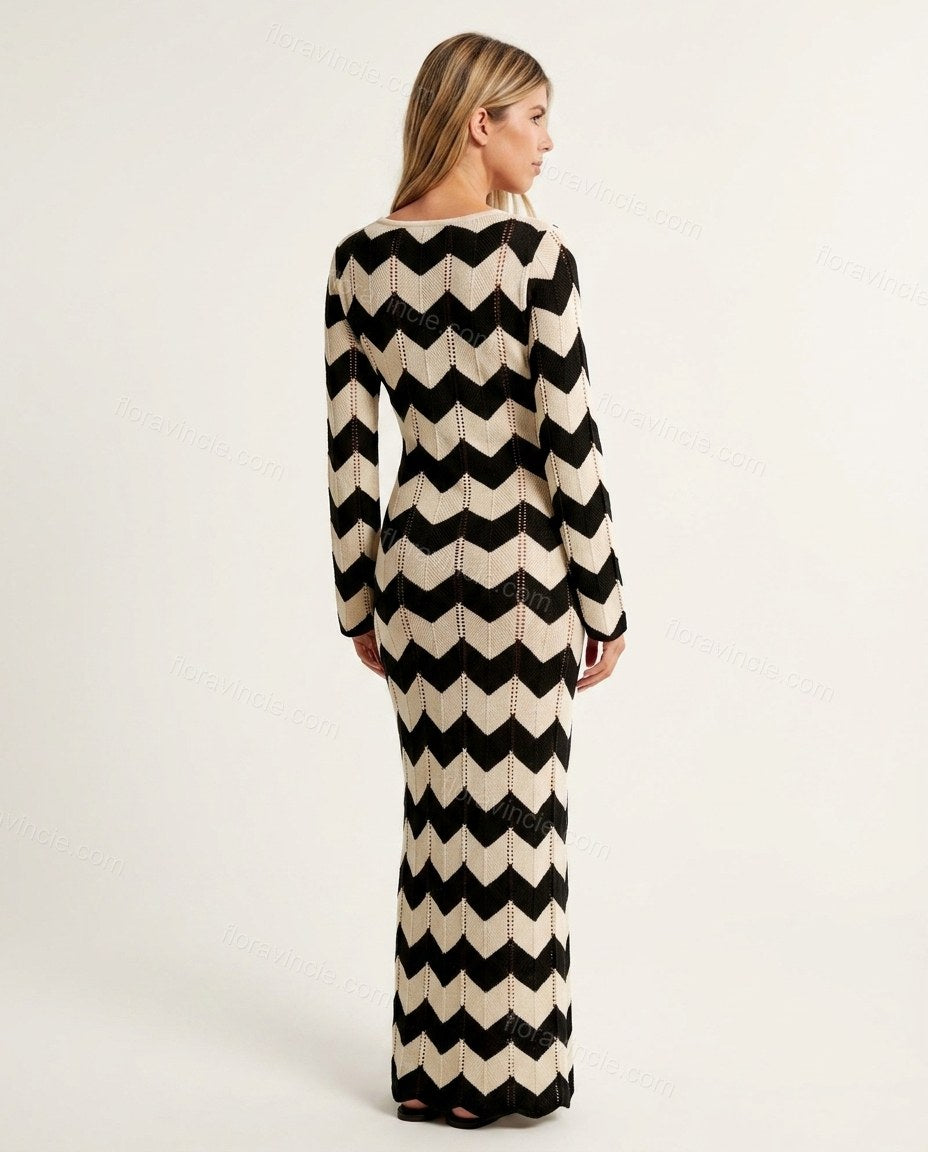 Black Chevron Maxi Knit Dress, back studio view showing simple straight back with continuous chevron pattern, by Floravincie
