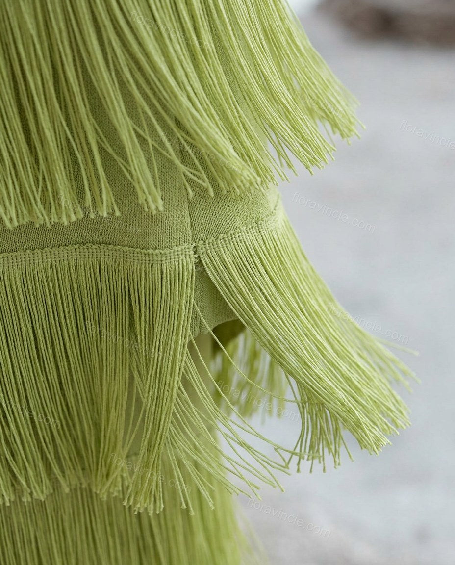 Green Maxi Tiered Fringe Dress, close-up of fringe, scoop neckline and maxi length, by Floravincie