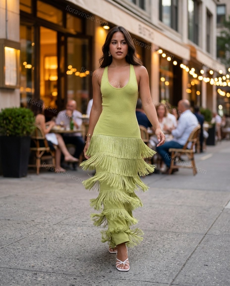 Green Maxi Tiered Fringe Dress, walking lifestyle view, by Floravincie