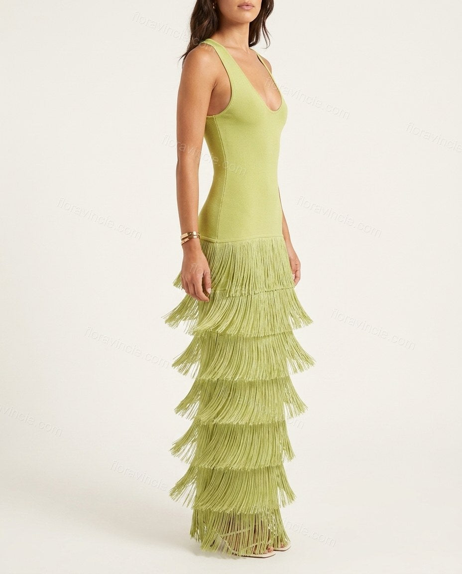 Green Maxi Tiered Fringe Dress, side and back studio view showing scooped back with tiered fringe continuing from the front, by Floravincie
