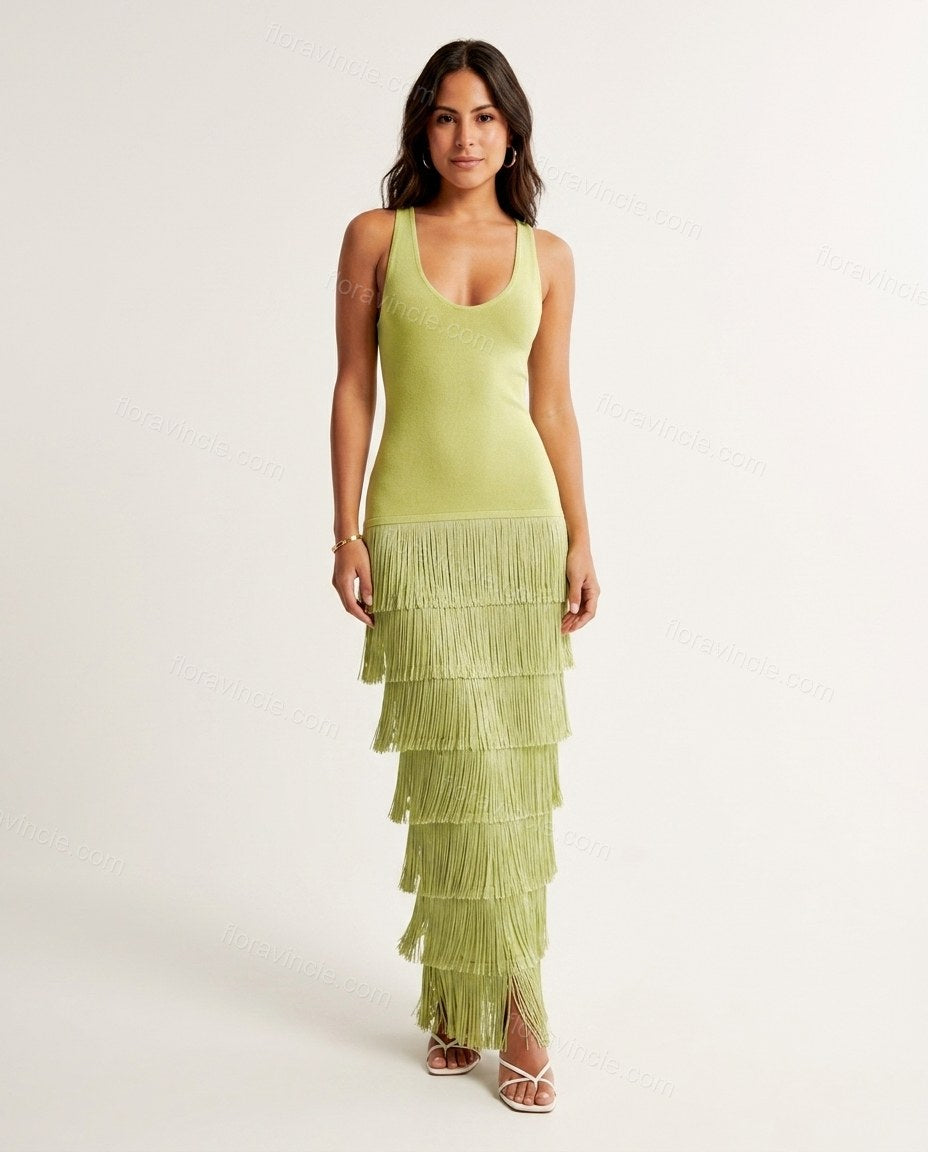 Green Maxi Tiered Fringe Dress, front studio view, by Floravincie