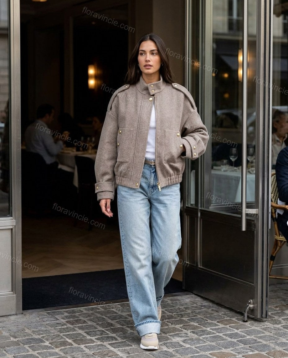 Taupe Ribbed Jacket, movement and fit lifestyle view, by Floravincie