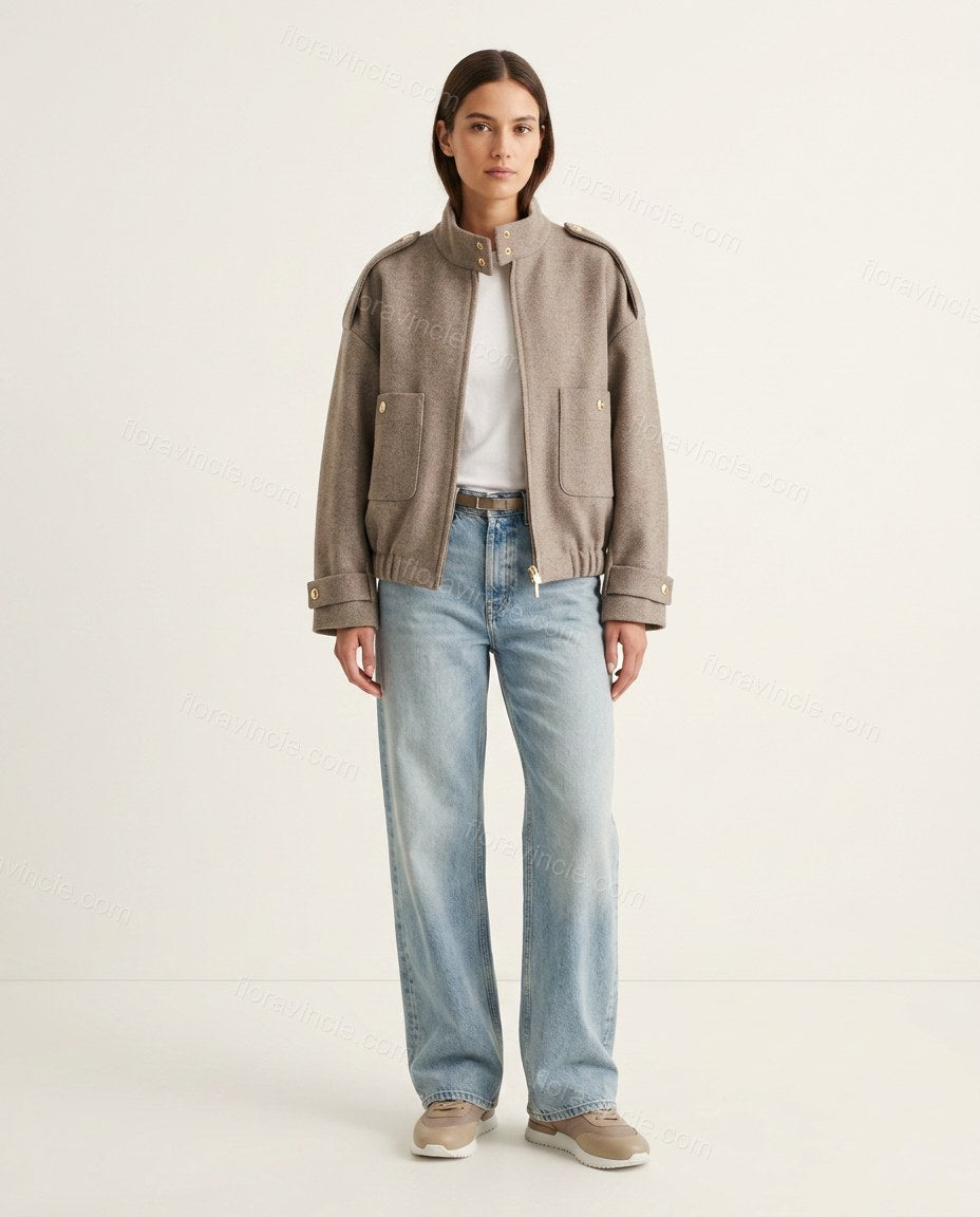 Taupe Ribbed Jacket, front studio view, by Floravincie