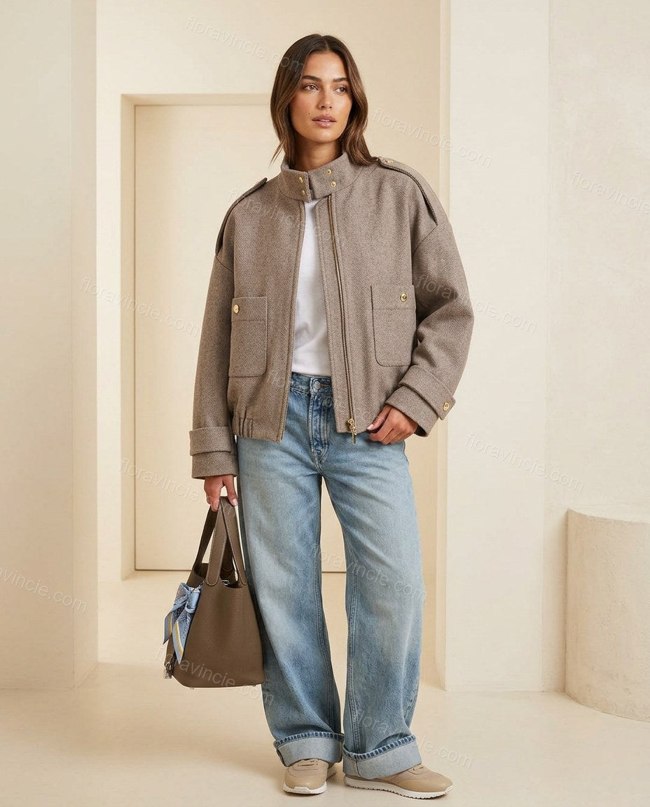 Taupe Ribbed Jacket, full-length hero view, by Floravincie