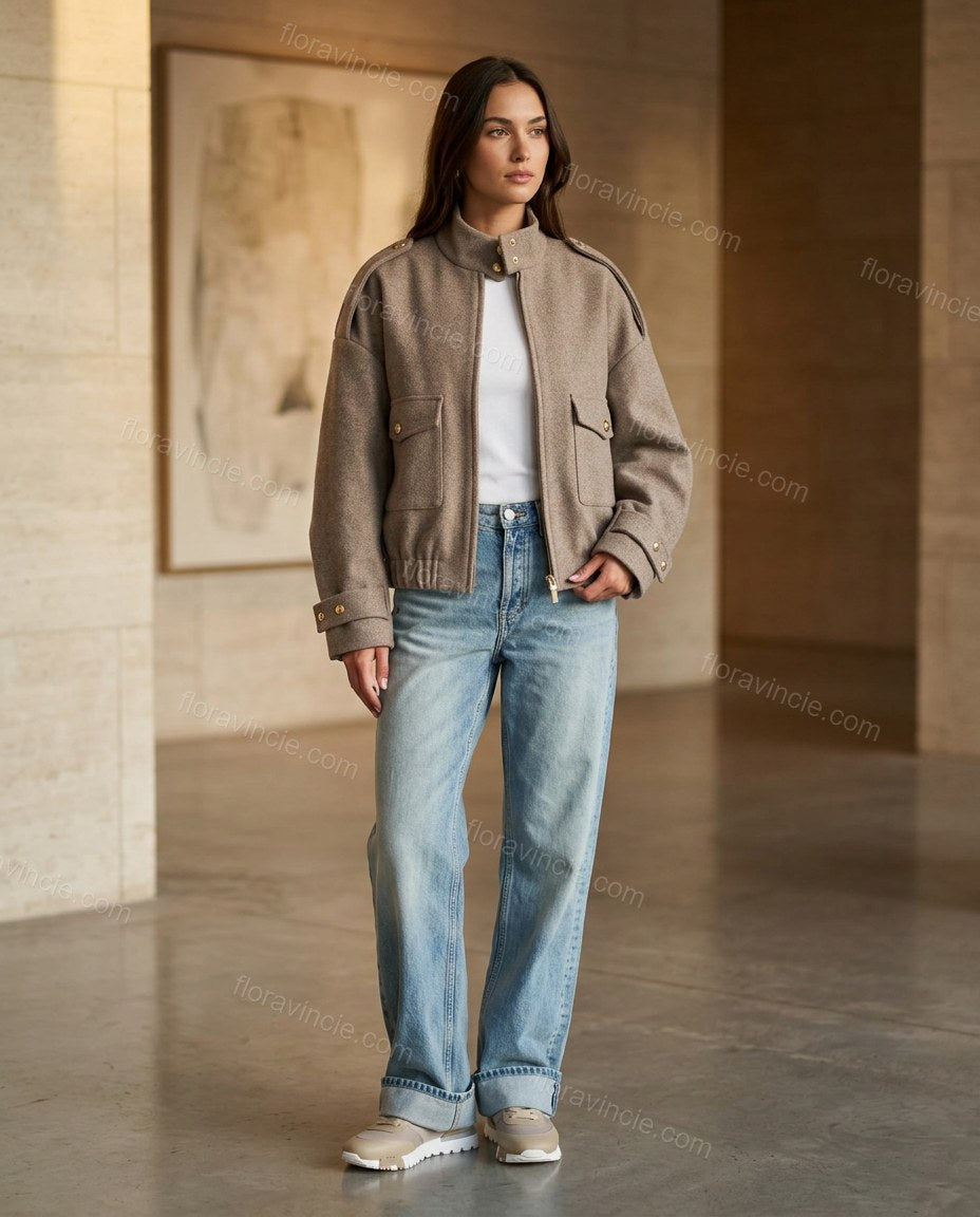 Taupe Ribbed Jacket, three-quarter brand lifestyle view, by Floravincie