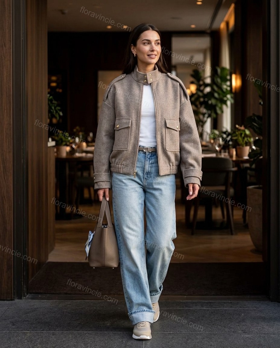 Taupe Ribbed Jacket, walking lifestyle view, by Floravincie