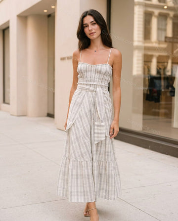 White Plaid Tiered Cotton Dress, full-length hero view, by Floravincie