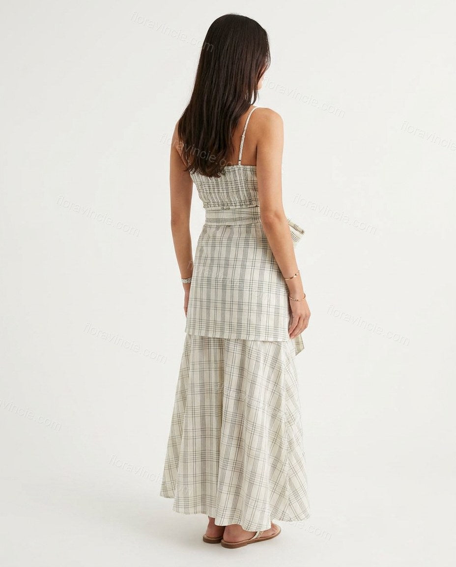 White Plaid Tiered Cotton Dress, back studio view showing smocked back panel provides stretch and fitted silhouette, by Floravincie