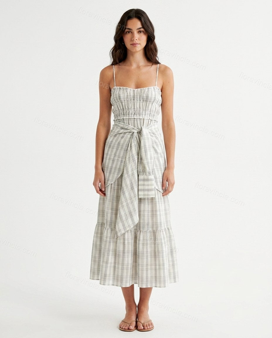 White Plaid Tiered Cotton Dress, front studio view, by Floravincie
