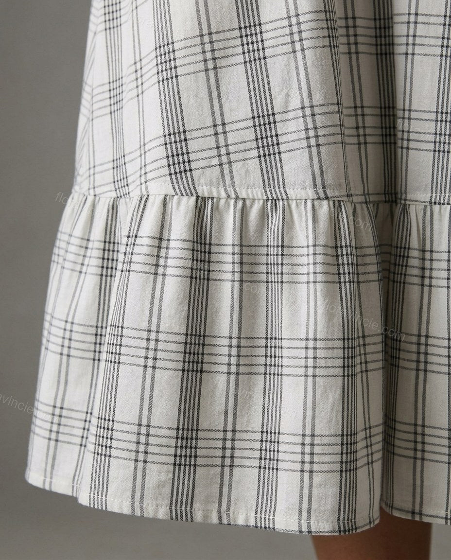 White Plaid Tiered Cotton Dress, close-up of plaid, by Floravincie