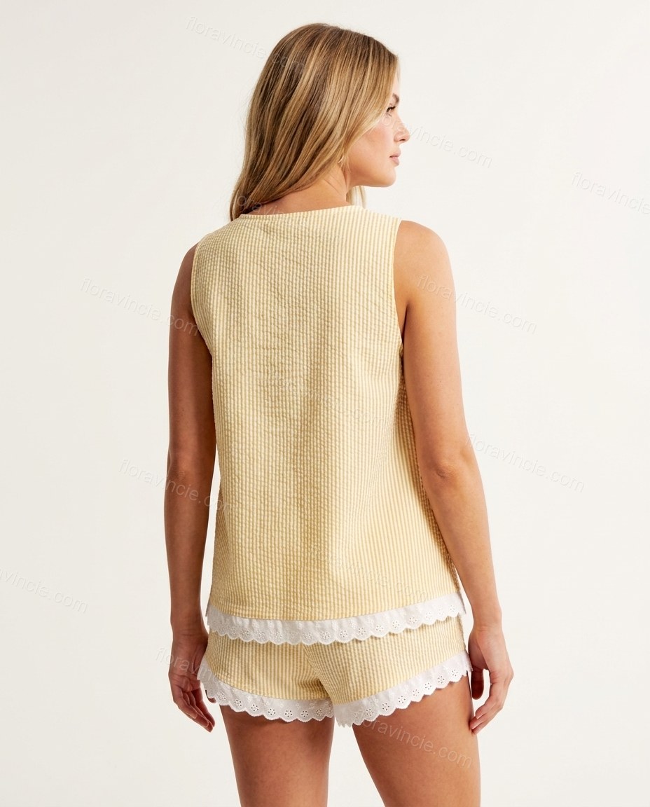 Yellow Striped Lace Cotton Top & Shorts Set, back studio view showing simple straight back with pinstripe pattern, by Floravincie