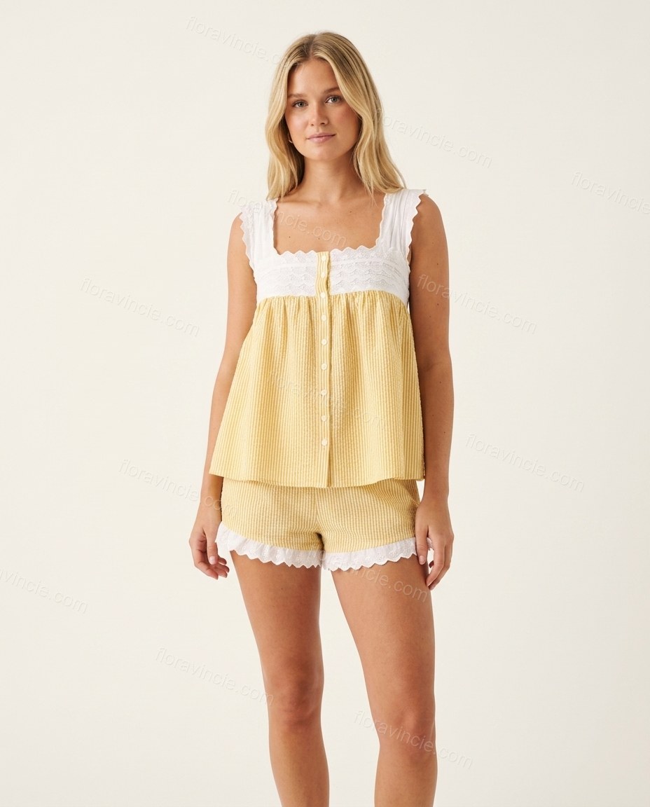 Yellow Striped Lace Cotton Top & Shorts Set, front studio view, by Floravincie