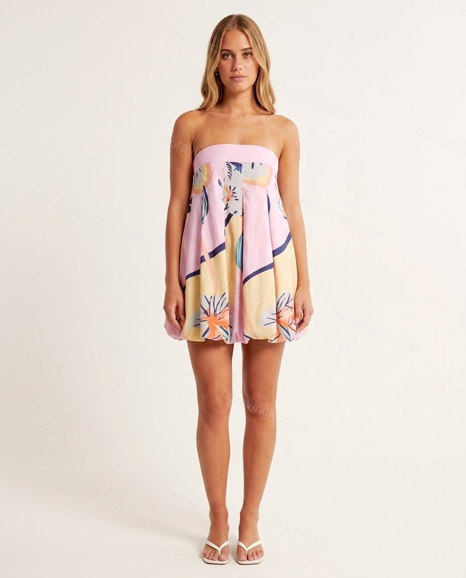 Pink Abstract Mini Strapless Dress, front studio view, by Floravincie