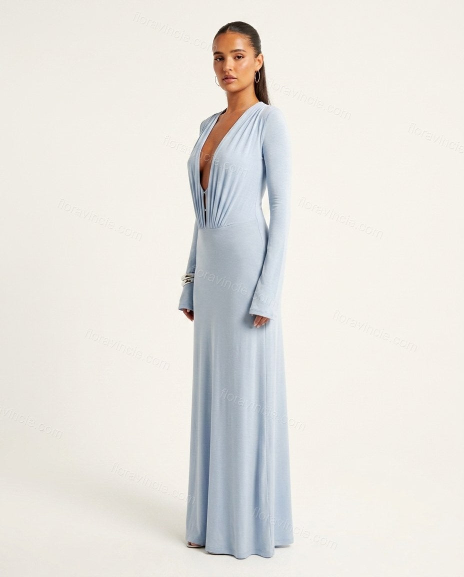 Light Blue Maxi Dress, side and back studio view, by Floravincie