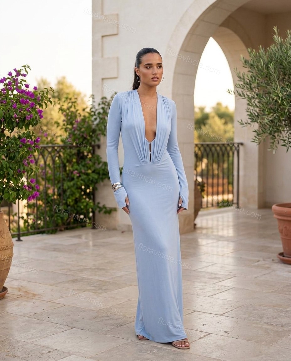 Light Blue Maxi Dress, three-quarter brand lifestyle view, by Floravincie