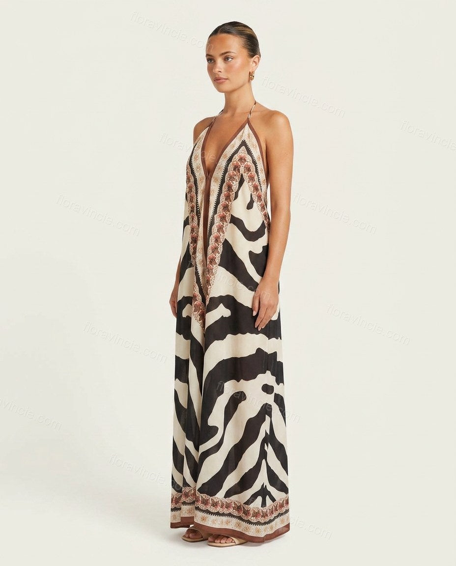 White Animal Print Maxi Halter Dress, side and back studio view, by Floravincie