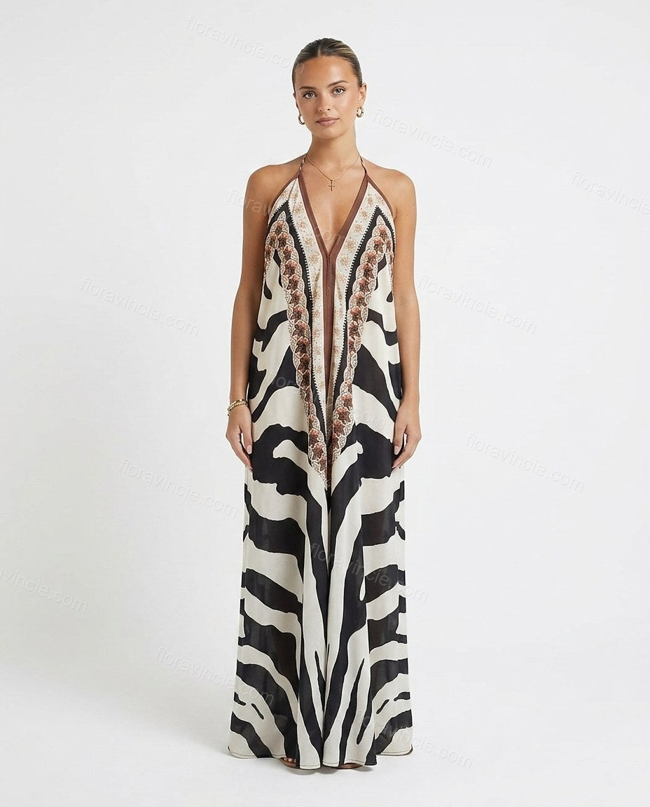 White Animal Print Maxi Halter Dress, front studio view, by Floravincie