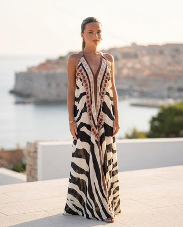White Animal Print Maxi Halter Dress, full-length hero view, by Floravincie