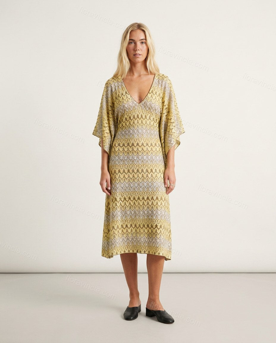 Yellow Geometric Midi Dress, front studio view, by Floravincie