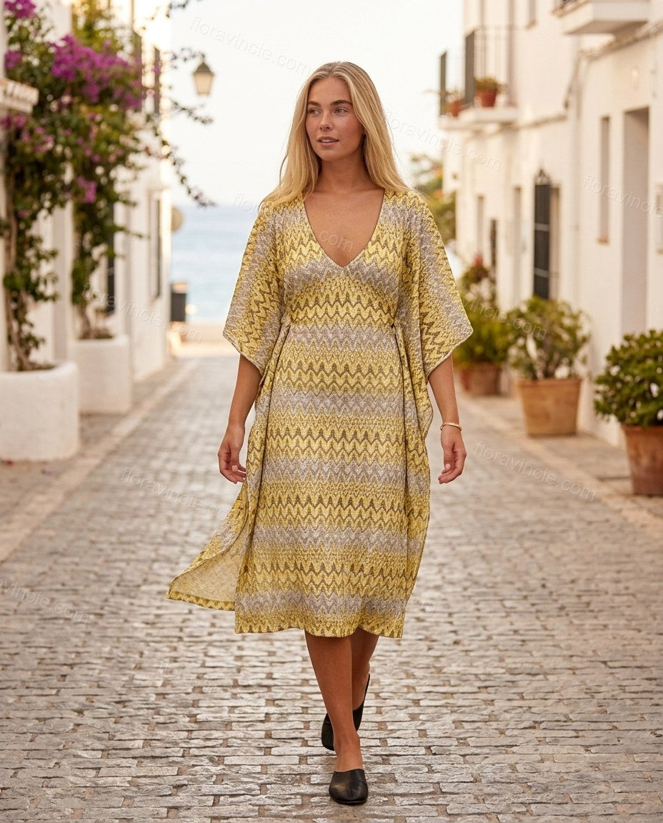 Yellow Geometric Midi Dress, walking lifestyle view, by Floravincie