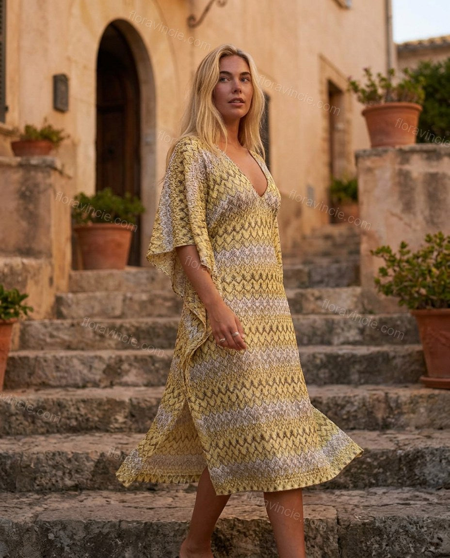 Yellow Geometric Midi Dress, movement and fit lifestyle view, by Floravincie