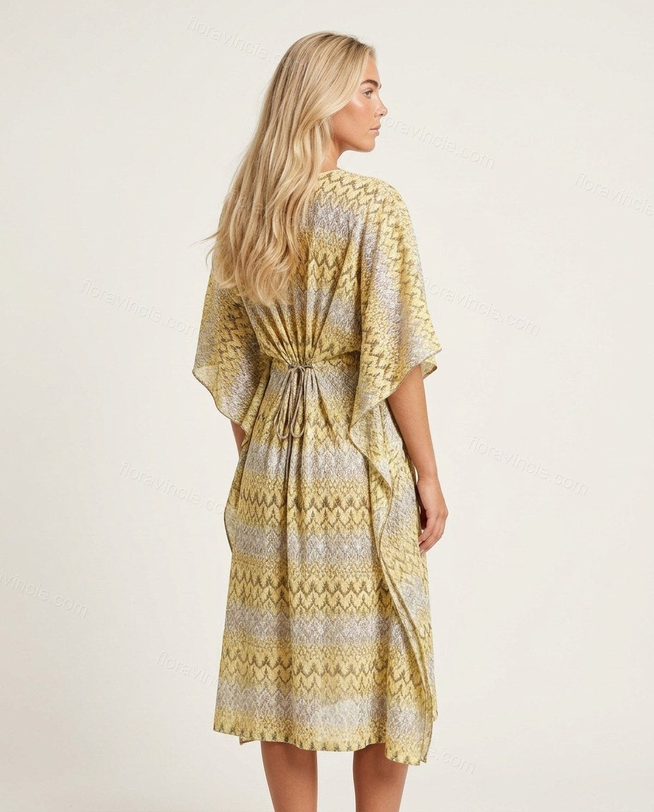 Yellow Geometric Midi Dress, back studio view, by Floravincie